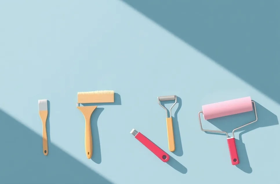 Outils de peinture disposés dans l'ordre des étapes du chantier