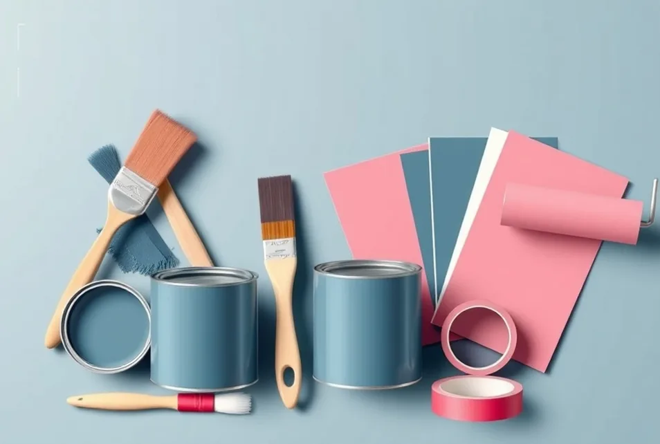 Pots de peinture, nuancier, brosses et rouleaux disposés à plat