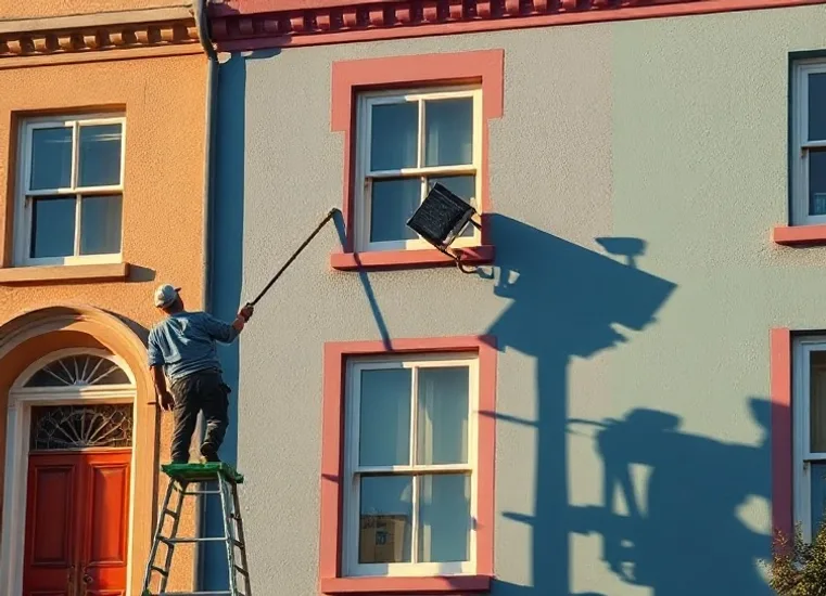 Peintre sur échafaudage traitant la façade d'une maison